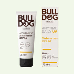 A tube and box of Anytime Daily Moisturiser SPF 30, 75ml, with UVA/UVB protection and Vitamin C. The white packaging features brown and yellow text.