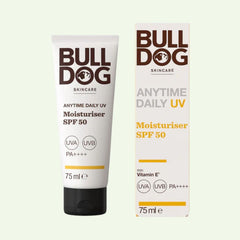 A 75 ml tube and box of Anytime Daily UV Moisturiser SPF 50 with all-day hydration, UVA/UVB protection (PA++++), and Vitamin E. Packaging is white with brown and yellow text.