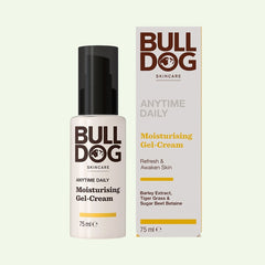 A bottle and box of Anytime Daily Moisturising Gel Cream, 75ml, featuring barley extract, tiger grass, and sugar beet betaine to hydrate and refresh skin with natural origin ingredients.
