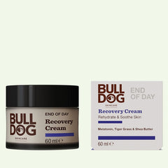 A jar and box of End of Day Recovery Cream, 60 ml, featuring text highlighting melatonin and nourishing Tiger Grass to rehydrate and soothe your skin.